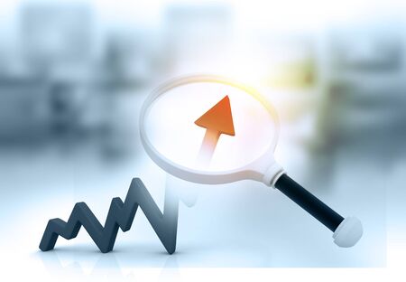 Magnifying glass and arrow graph on business background. 3d renderの写真素材