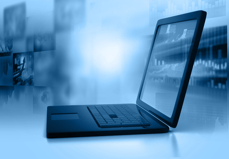 3d render of Laptop with business graph information diagrams. business marketingの写真素材