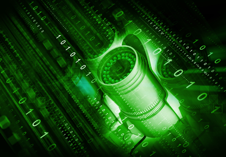 3d render of surveillance camera with binary streams. Technology background imageの写真素材