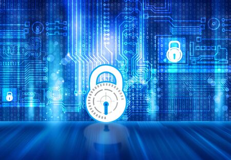 Technology security concept. Padlock and circuit  on digital backgroundの写真素材