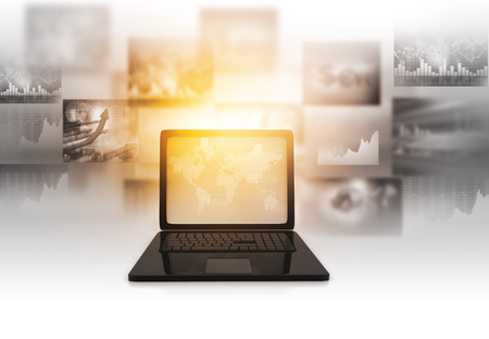3d render of Laptop with business graph information diagrams. business marketingの写真素材