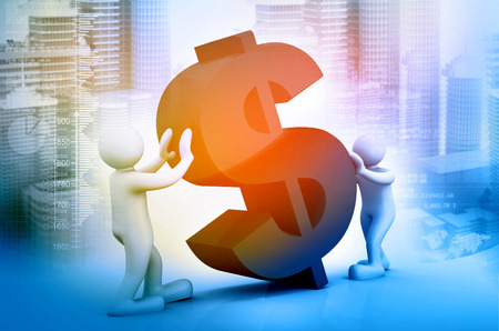 Two people lifting dollar sing on city background. 3d illustrationの写真素材