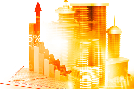 3d graph and charts on digital business backgroundの写真素材