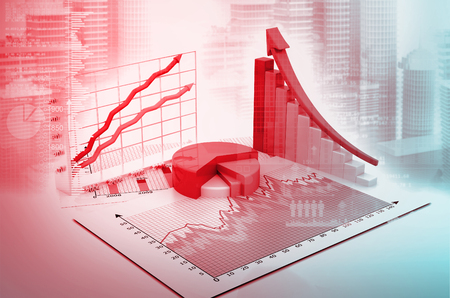 3d graph and charts on digital business backgroundの写真素材