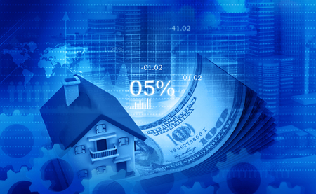 3d illustration of house and dollar on digital backgroundの写真素材