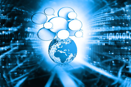 3d World with speech bubble on abstract tech backgroundの写真素材