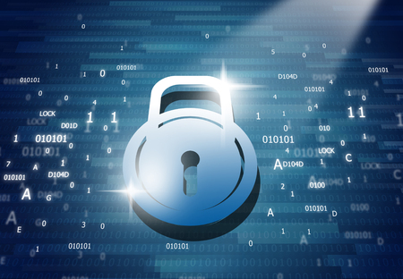 Cyber security concept, binary stream with Closed Padlock. 2d Digital illustration 	の写真素材