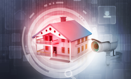 CCTV Security Camera with house on tech background 	の写真素材