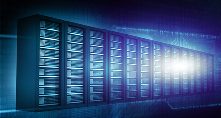 Network server, server farm on blue background. 3d illustration	の写真素材