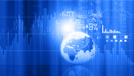 Stock market graphs and charts with globe. 3d illustrationの写真素材