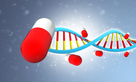 DNA with pillson blue background. 3d illustrationの写真素材