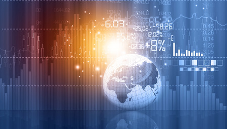Stock market graphs and charts with globe. 3d illustrationの写真素材