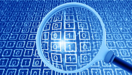 Binary data with magnifying glass. 3d illustrationの写真素材