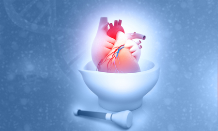 Human heart on Mortar. 3d illustrationの写真素材