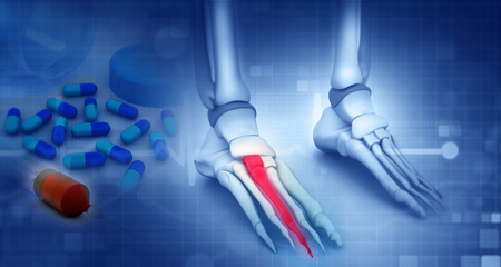 Foot skeleton with medicine on blue background. 3d illustrationの写真素材