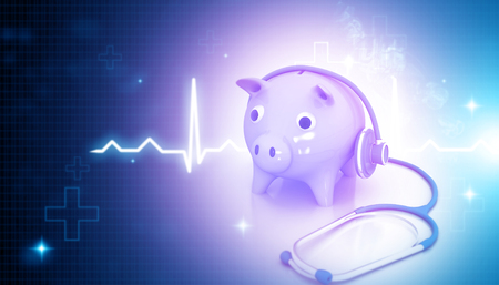stethoscope with piggy bank on blue medical background. 3d illustrationの写真素材