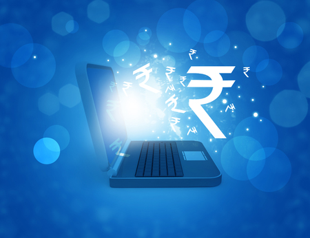 Indian rupee symbol in laptop. Online business concept. Digital illustrationの写真素材