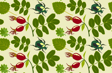 Vector floral pattern with leaves, rosehips and bugsのイラスト素材