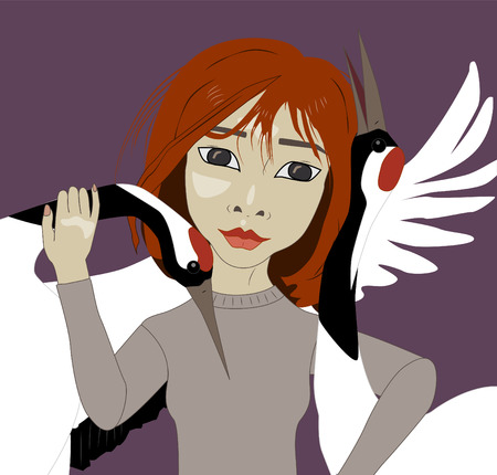 Asian girl with red hair and red-crowned cranes, vector illustrationのイラスト素材
