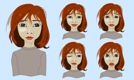 Asian girl with red hair, set of emotions, vector illustrationのイラスト素材