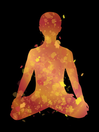 Silhouette of man doing yoga, lotus pose, padmasana, vector illustrationのイラスト素材