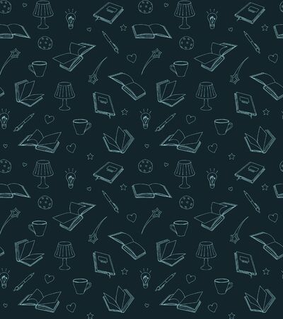 Seamless pattern with books, lamps, pens and cups, vector illustrationのイラスト素材