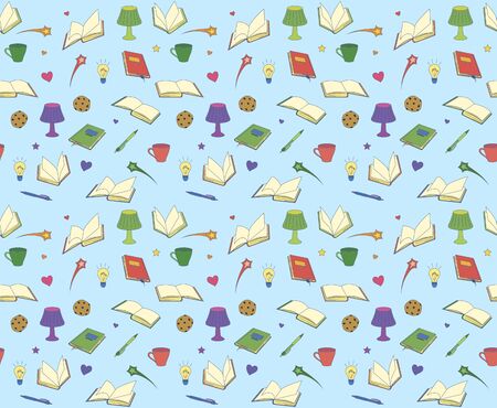Seamless pattern with books, lamps, pens and cups, vector illustrationのイラスト素材