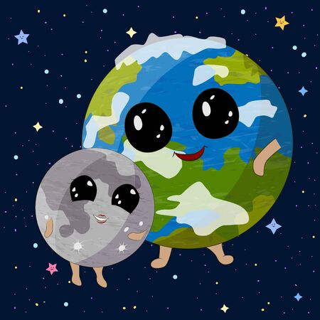 Cartoon Earth and Moon on space background, vector illustrationのイラスト素材