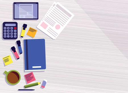 White wooden working table with office supplies stuff and taplet pc. Top view. Vectorのイラスト素材