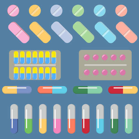 Pills capsules icons vector flat set. Medical vitamin pharmacy vector illustrationのイラスト素材