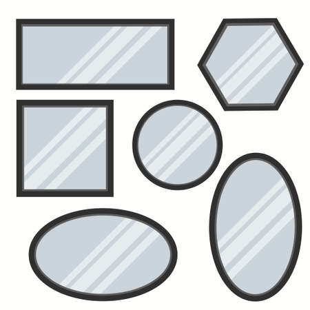 Realistic mirror set. Reflecting glass mirrors of different shapesのイラスト素材