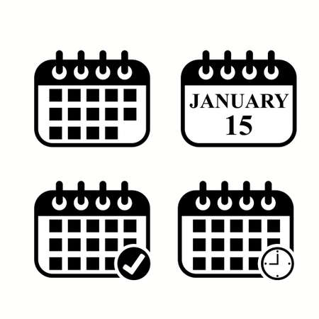Set square icons page calendar mark agenda app, time, watch, deadline, date page icon and mark done, yes, success, check, approved, confirmのイラスト素材