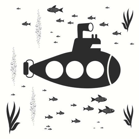 Submarine with periscope, underwater boat, fishes and bubblesのイラスト素材