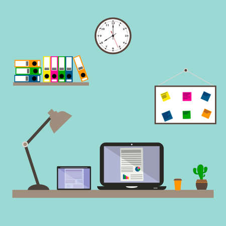Flat design vector of workplace modern desk with laptop.Office work space with table, laptop use for web,picture,clockのイラスト素材