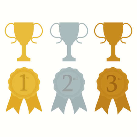 Set of golden, silver and bronze trophy cups and medals, isolated on white backgrounのイラスト素材