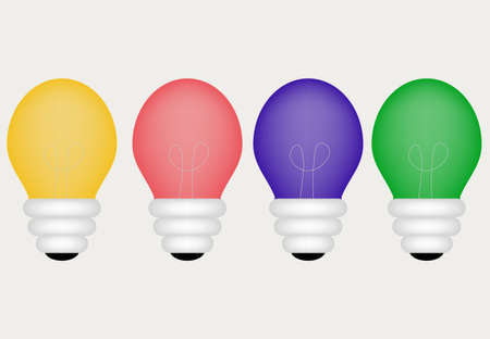Green, blue, red and yellow transparent light bulbs. transparent gray background. Energy and idea symbol. colorful light bulbsのイラスト素材