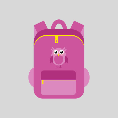 Bag school flat isolated on grey background. Pink backpack with owls icon cartoonのイラスト素材