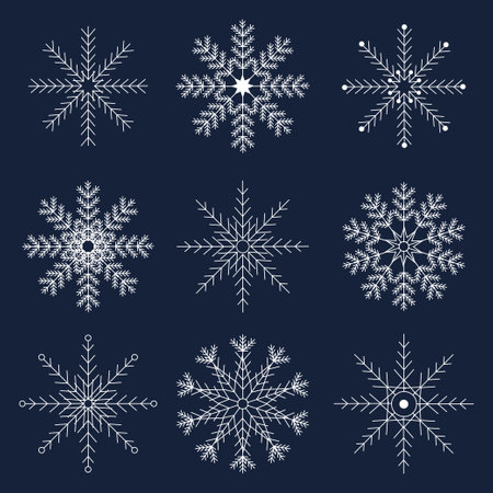 Cute snowflake collection isolated on blue background. Flat snow icons, snow flakes silhouette. Nice snowflakes for christmas banner, cardsのイラスト素材