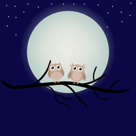 Two Owls on a Tree Branch at Night with Full Moonのイラスト素材