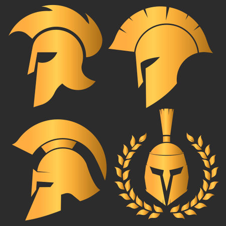 Set gold spartan helmet warrior emblems logotypes set. Vectorのイラスト素材