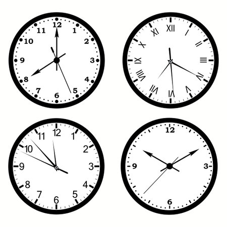 Set of wall clocks with black frame and hands. Flat style vector illustration. Simple classic wall clock with Arab numbers, with Roman numeral isolated on white backgroundのイラスト素材