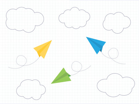 Colorful paper planes on school notebook background. Concept of children making flying paper airplanes in school out of notebook paperのイラスト素材