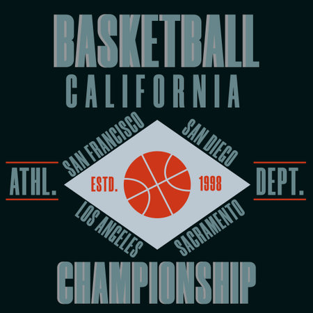 Basketball T-shirt, Sport Typography design, California fashion emblem. Graphic Print label - vectorのイラスト素材