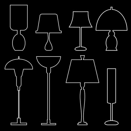 Silhouettes of floor lamps. Silhouettes of table lamps isolated on white background. Stencils of lamps. Lamps for living room, bedroom.のイラスト素材