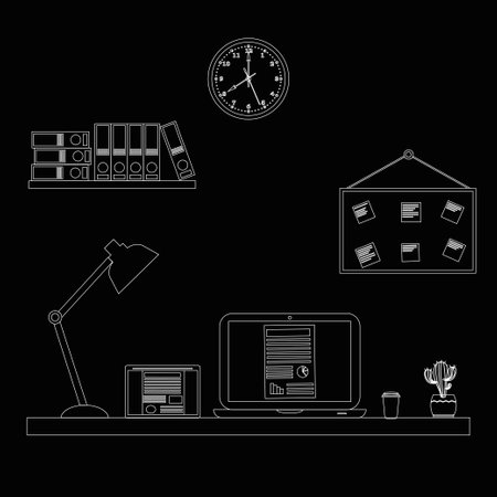 Office desk or table with computer outline sketch. Line style business workspace or interior. Vectorのイラスト素材