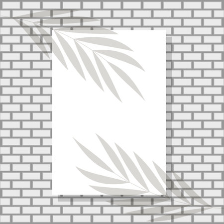 A4 paper mockup with overlay leaf shadow. transparent reflection on brick wall background. realistic vector template for poster, flyer and postのイラスト素材