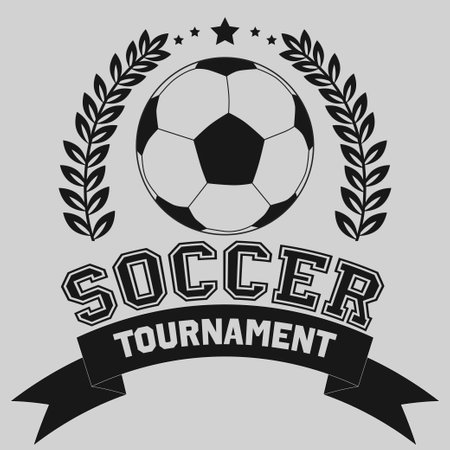 Football tournament logotype or emblem in retro style with stars, ribbon and laurel wreath. Editable sport vector design isolated on a grey background. Vectorのイラスト素材