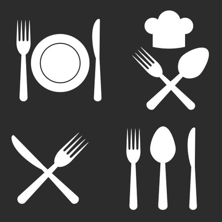 Cutlery Restaurant Icon Set on black backgroundのイラスト素材