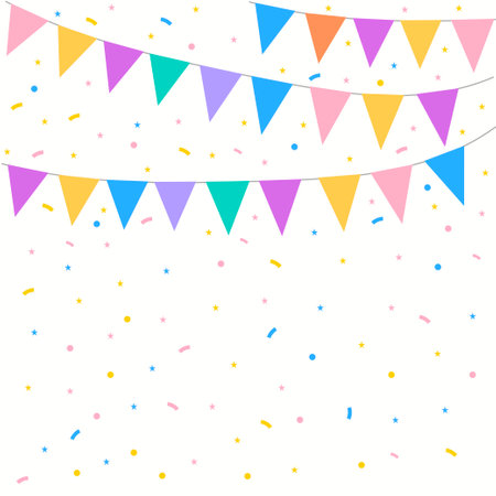 Celebrate hanging triangular garlands with confetti. Colorful perspective flags party isolated on white background. Birthday, Christmas, anniversary, and festival fair conceptのイラスト素材