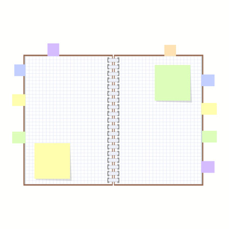 Open notepad with sheets on a spiral with bookmarks between the pages. Colorful flat illustration on white background. With space for text or imageのイラスト素材
